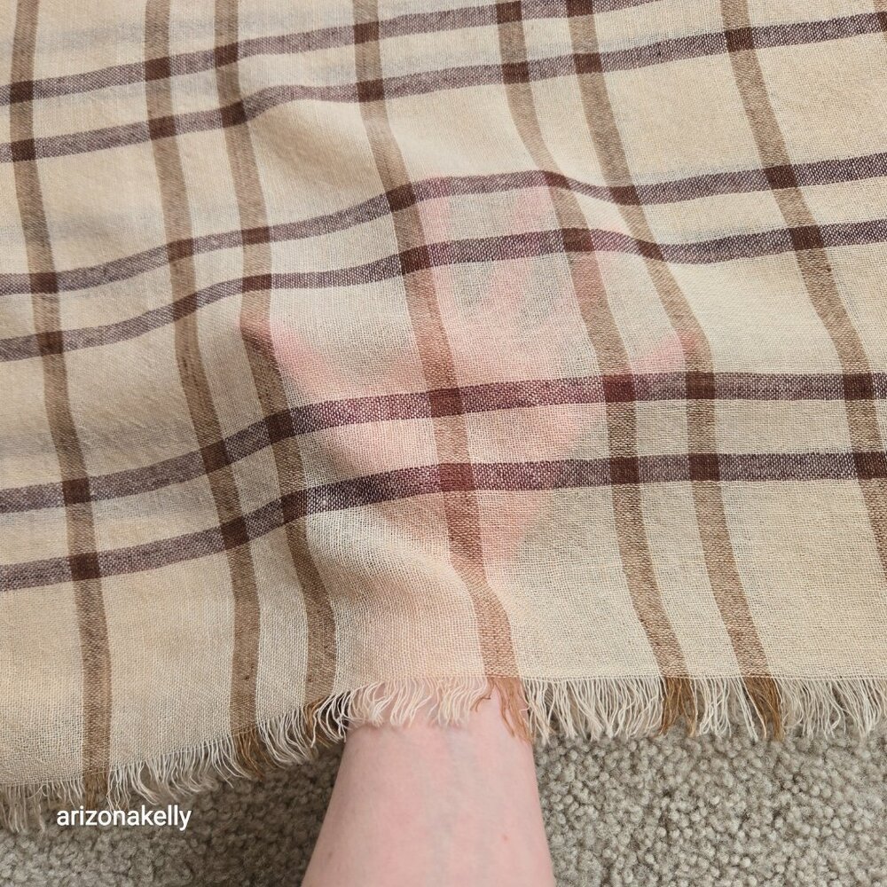 NWOT 100% Merino Wool Woven Tan Plaid Scarf Wrap Lightweight Variously - Picture 3 of 10